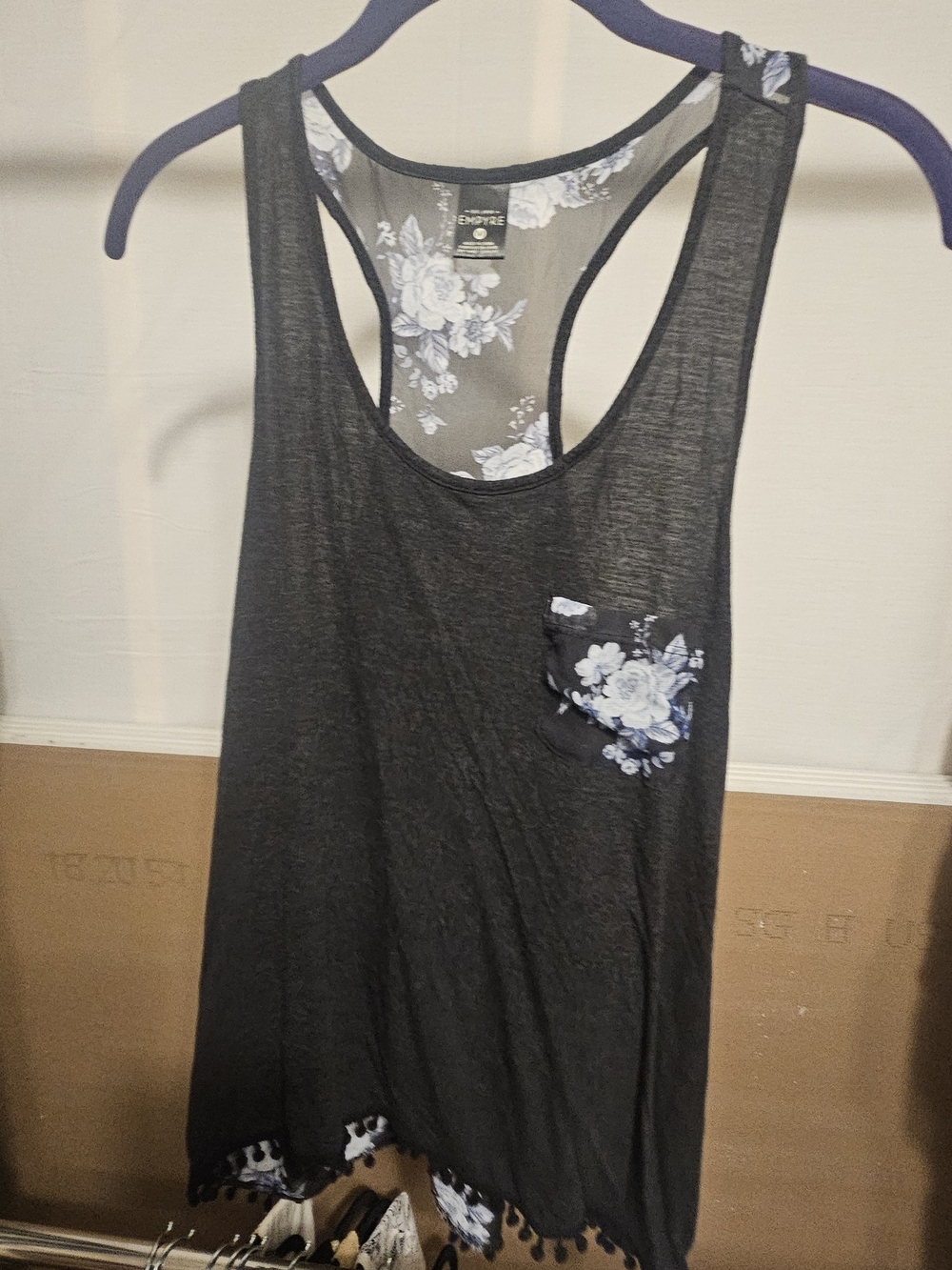 Empyre Black Racerback Tank with Blue-White Floral Trim